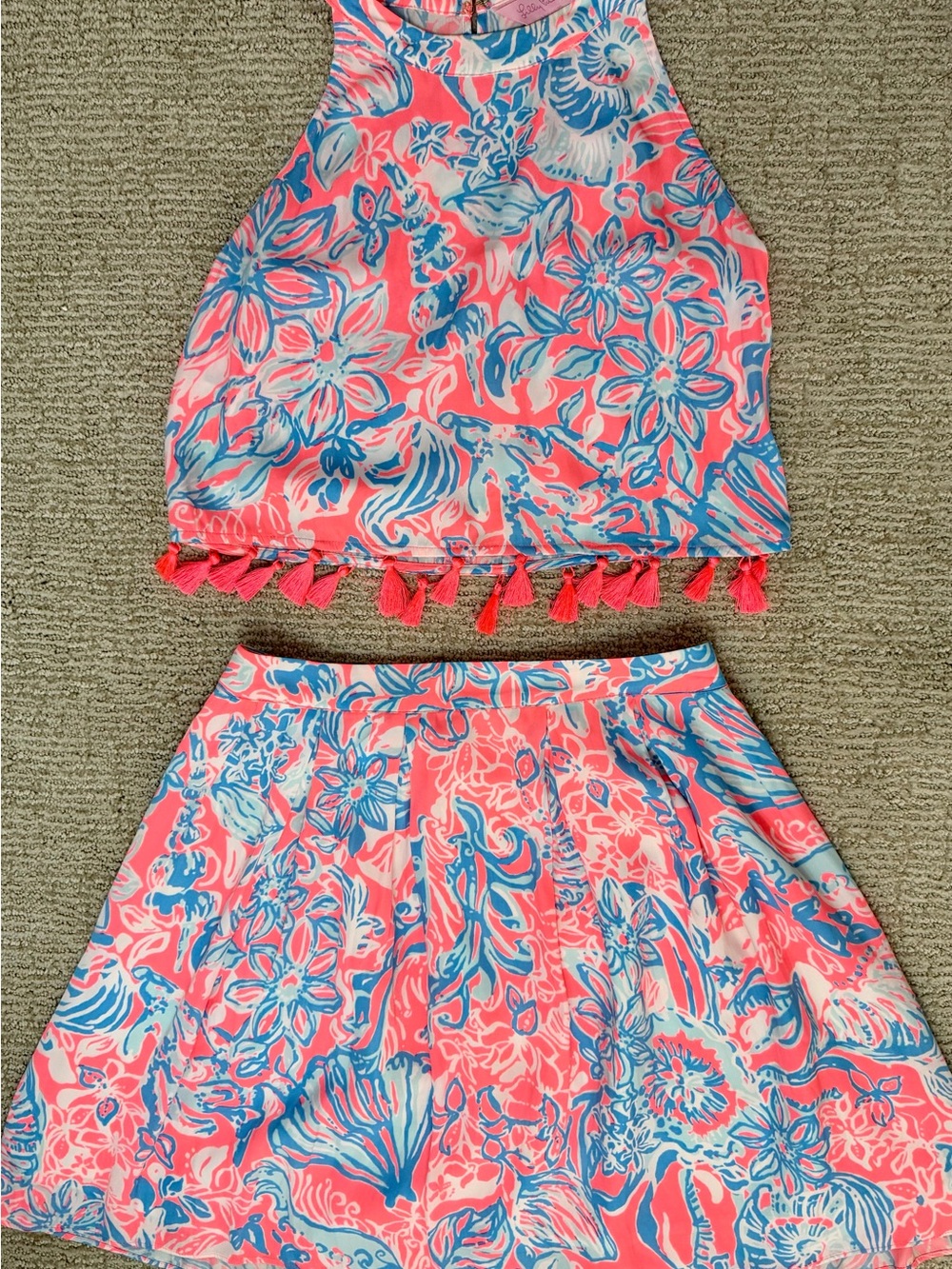 Lilly Pulitzer Coral and Blue Floral Tassel Two-Piece Skirt Set